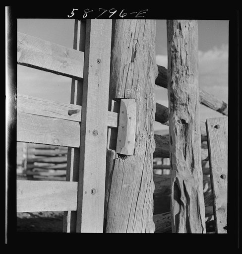 Detail of corral gate and fence. Quarter Circle U, Brewster-Arnold Ranch Company. Birney, Montana