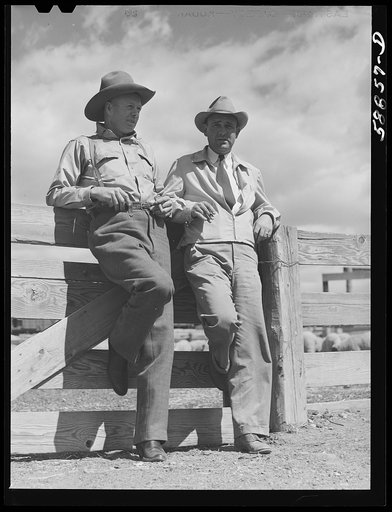 "Doc" Conway, rancher from Craig, Colorado, talking to Beckman, commission merchant from Denver stockyards, by livestock pens in Craig, Colorado