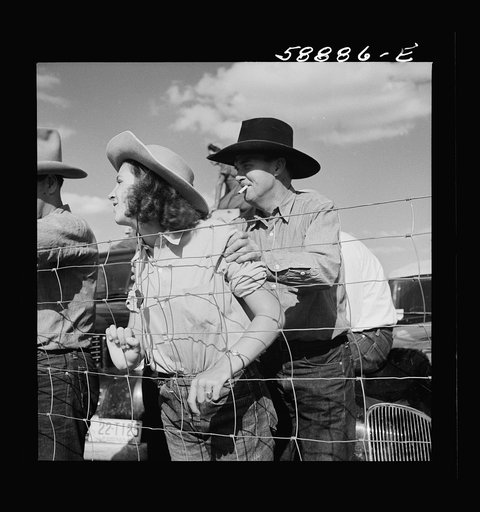 Untitled photo, possibly related to: Dudes and cowboy from Quarter Circle U Ranch at Crow Indian fair. Crow Agency, Montana