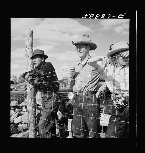 Untitled photo, possibly related to: Dudes and cowboy from Quarter Circle U Ranch at Crow Indian fair. Crow Agency, Montana