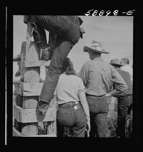 Dudes and cowboy from Quarter Circle U Ranch at Crow Indian fair. Crow Agency, Montana