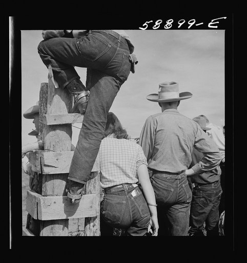 Untitled photo, possibly related to: Dudes and cowboy from Quarter Circle U Ranch at Crow Indian fair. Crow Agency, Montana