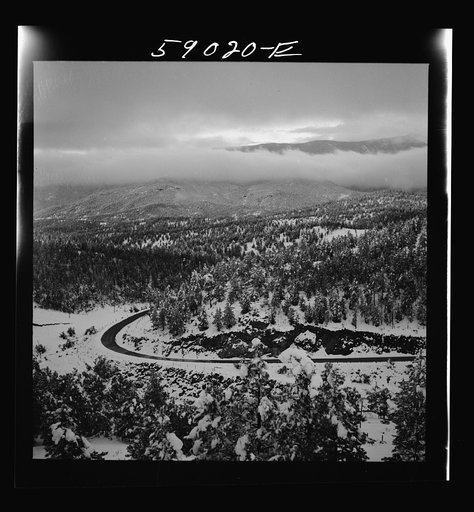 Highway across mountains near Bailey, Colorado, after early fall blizzard