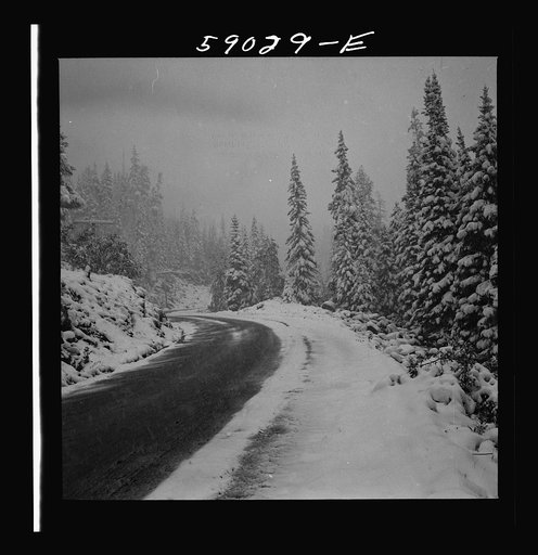 Highway across the mountains during early fall blizzard near Independence Pass, Colorado