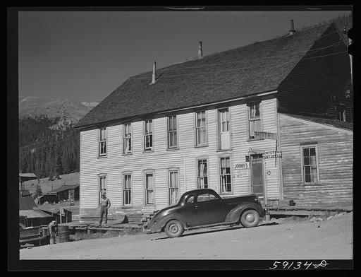 Hotel and post office in ghost town now coming to life because of defense minining boom. Montezuma, Colorado