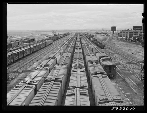 Untitled photo, possibly related to: Freight trains in yards. Laramie, Wyoming