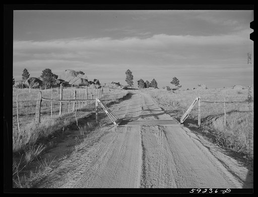 Cattle guard across road in range and grazing land. On ranch near Buford, Wyoming