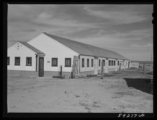 New dairy barn. FSA (Farm Security Administration) cooperative enterprise on the Scottsbluff Farmsteads. FSA project. North Platte River Valley, Nebraska