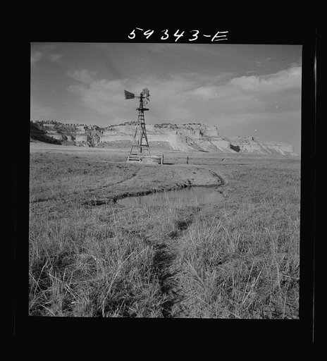 Untitled photo, possibly related to: Cattle paths to water hole by windmill on grazing land near Scottsbluff, Nebraska. North Platte River Valley