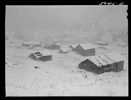 Independence, Colorado. Ghost mining town during early blizzard