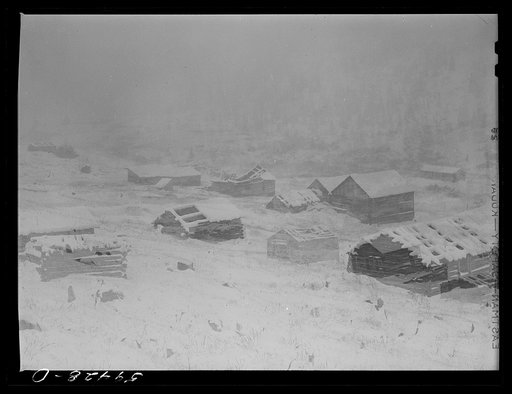 Independence, Colorado. Ghost mining town during early blizzard