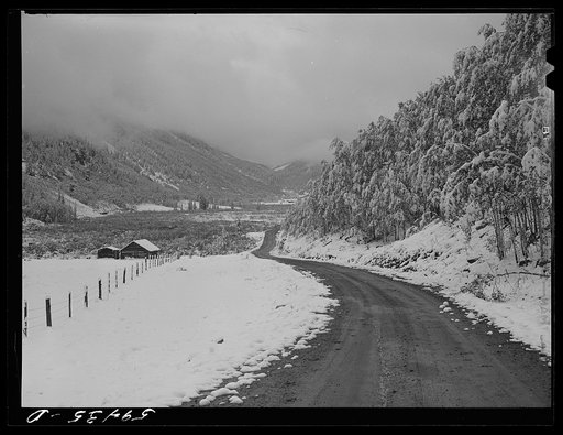 Road to Ashcroft, Colorado. Ghost mining town after early blizzard