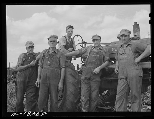 Untitled photo, possibly related to: George Leaver, president; Don Shinaut, treasurer; Russell Smith, director; Henry Wollen and Jay Rowell, board of directors of Two River Non-Stock Cooperative, a FSA (Farm Security Administration) co-op, looking at demonstration of Farmall "M" Tractor. Waterloo, N