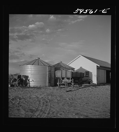 Untitled photo, possibly related to: Shed and grain storage bins. Cooperative association of Scottsbluff Farmsteads, FSA (Farm Security Administration) project. Scottsbluff, Nebraska