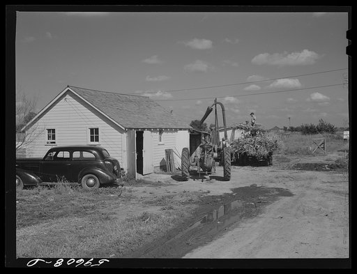 Untitled photo, possibly related to: Members of the co-op filling a member's silo with corn. Two River Non-Stock Cooperative, FSA (Farm Security Administration) co-op. Waterloo, Nebraska