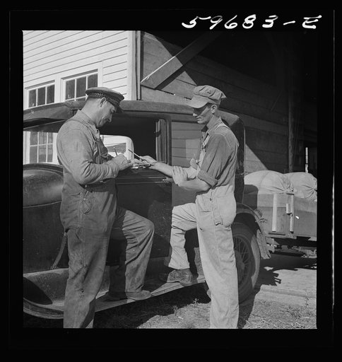 Henry Harringer, in charge of purchasing and marketing enterprise, buying oil and supplies. Two Rivers Non-Stock Cooperative Company, FSA (Farm Security Administration) co-op. Waterloo, Nebraska