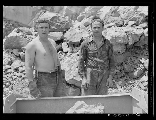Workers in the limestone quarry. Tygart Valley Homesteads, West Virginia