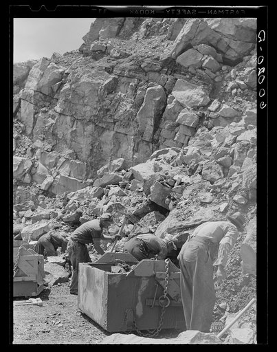 Untitled photo, possibly related to: Workers in the limestone quarry. Tygart Valley Homesteads, West Virginia