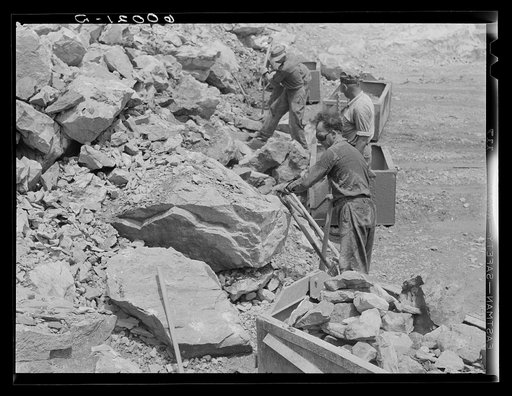 Untitled photo, possibly related to: Workers in the limestone quarry. Tygart Valley Homesteads, West Virginia