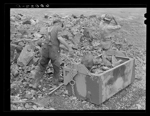 Untitled photo, possibly related to: Workers in the limestone quarry. Tygart Valley Homesteads, West Virginia