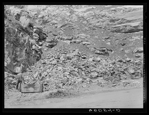 Untitled photo, possibly related to: Workers in limestone quarry. Tygart Valley Homesteads, West Virginia