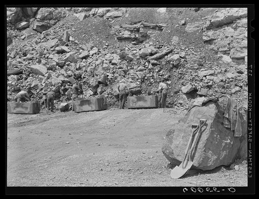 Untitled photo, possibly related to: Workers in limestone quarry. Tygart Valley Homesteads, West Virginia