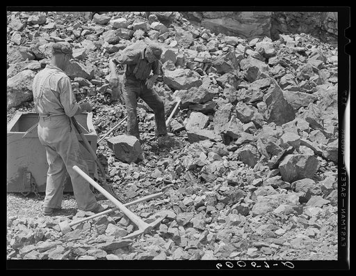 Untitled photo, possibly related to: Workers in limestone quarry. Tygart Valley Homesteads, West Virginia