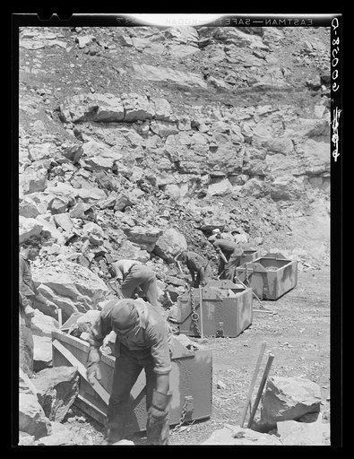 Workers in limestone quarry. Tygart Valley Homesteads, West Virginia