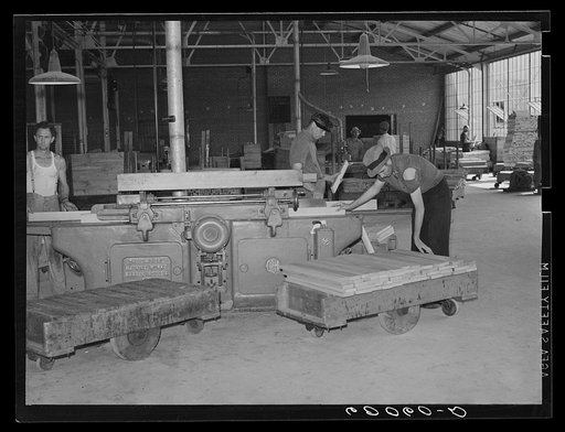 Untitled photo, possibly related to: Dimension lumber plant at Tygart Valley Homesteads, West Virginia. They cut wood to size as ordered by furniture companies
