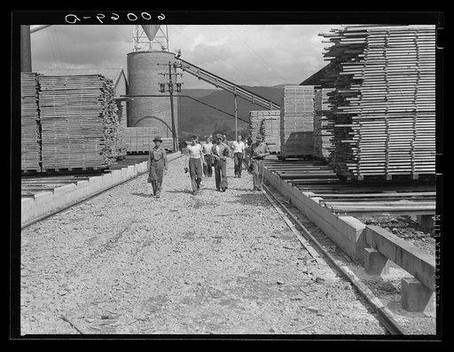Men leaving work at dimension lumber plant at Tygart Valley Homesteads, West Virginia