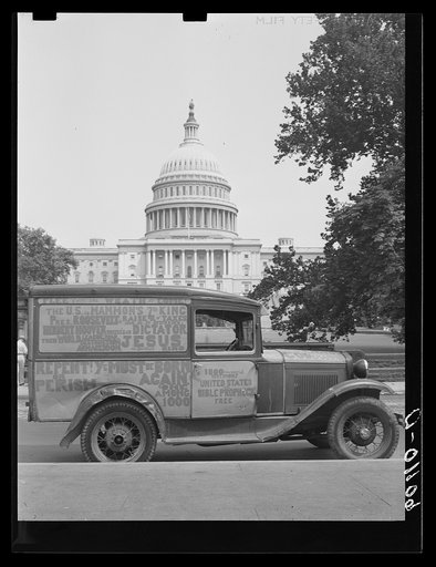 Truck of itinerant preacher parked in front of United States Capitol. Washington, D.C.