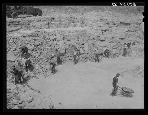 CCC (Civilian Conservation Corps) boys cooperating with Soil Conservation Service working limestone quarry. Vernon County, Wisconsin. Soil tests made show Vernon County to be lime deficient for the satisfactory growing of alfalfa
