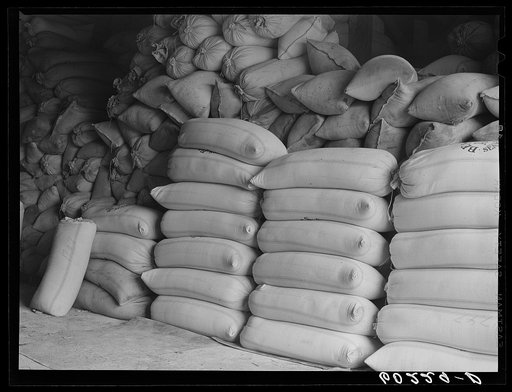 Bags of seed at Border King co-op seed exchange. Williams, Minnesota