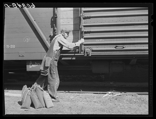 Grain sampler opening door of car of wheat after breaking seal. Minneapolis, Minnesota
