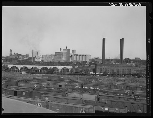 Freight cars in flour mill district. Minneapolis, Minnesota