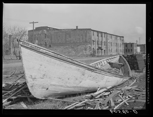 Abandoned boat along waterfront. Dubuque, Iowa