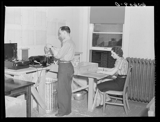 AAA (Agricultural Adjustment Administration) office, Grundy County, Iowa. Tagg-Heppenstal electric moisture tester--tells instantly percent of water in grain; used in connection with wheat and storage loans