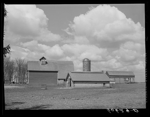 Buildings on a corn farm. Grundy County, Iowa