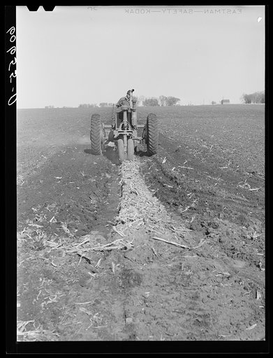 Plowing up the last strip of land in a field which will be planted in corn. Grundy County, Iowa