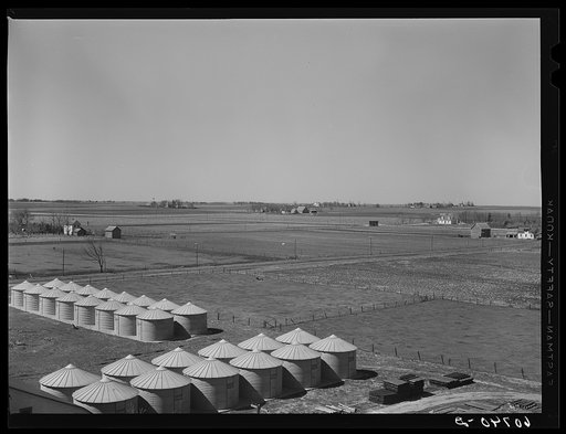 Untitled photo, possibly related to: Steel bins for corn storage under Evernormal granary program. Scranton, Iowa