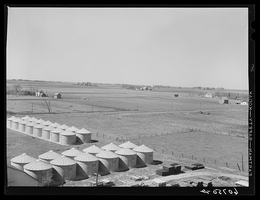 Untitled photo, possibly related to: Steel bins for corn storage under Evernormal granary program. Scranton, Iowa
