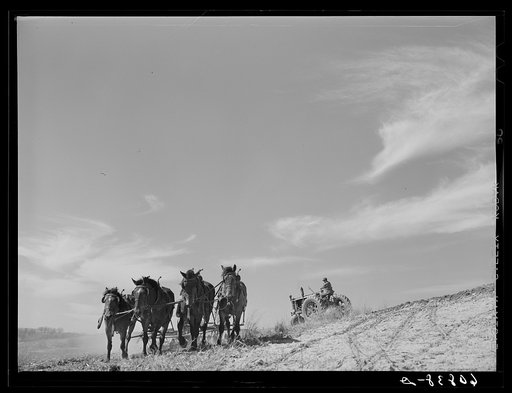 Discing with horses. listing with tractor. Western Iowa corn county. Monona County, Iowa