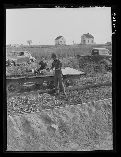 Planting cantaloupes. Deshee Unit, Wabash Farms, Indiana. Plants are removed from nursery beds and taken to the field where a crew is planting