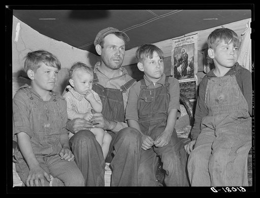 Migrant father and sons living in back of truck in fruit pickers camp. Berrien County, Michigan. The two older boys work with their father picking cherries