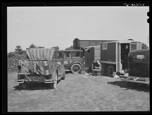 Camp of migrant fruit workers in field on outskirts of town. Berrien County, Michigan