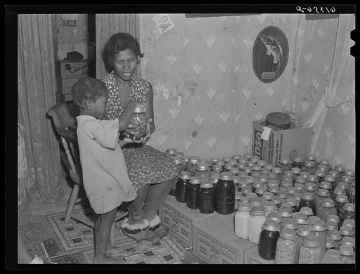 Mrs. Calip White and daughter with fruit and vegetables canned for the winter. Near Scotland, Saint Mary's County, Maryland