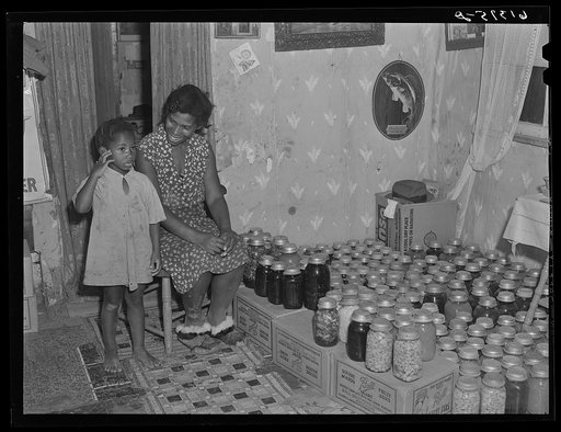 Untitled photo, possibly related to: Mrs. Calip White and daughter with fruit and vegetables canned for the winter. Near Scotland, Saint Mary's County, Maryland