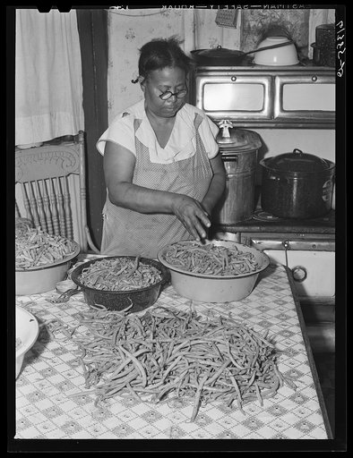 Mrs. Eugene Smith, FSA (Farm Security Administration) borrower, preparing string beans for cutting. Saint Mary's County, Maryland