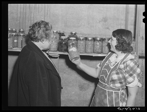 Untitled photo, possibly related to: Mrs. Sauer getting vegetables out of storage cellar. Cavalier County, North Dakota