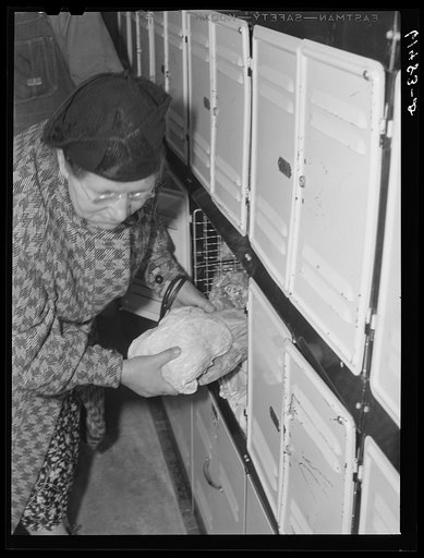 Untitled photo, possibly related to: Getting meats out of cold storage locker. Hillsboro, North Dakota